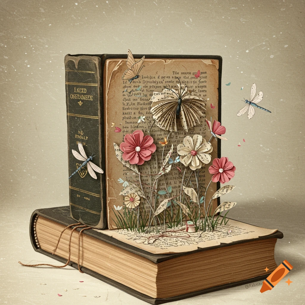An altered book with paper flowers and insects growing from its open pages.