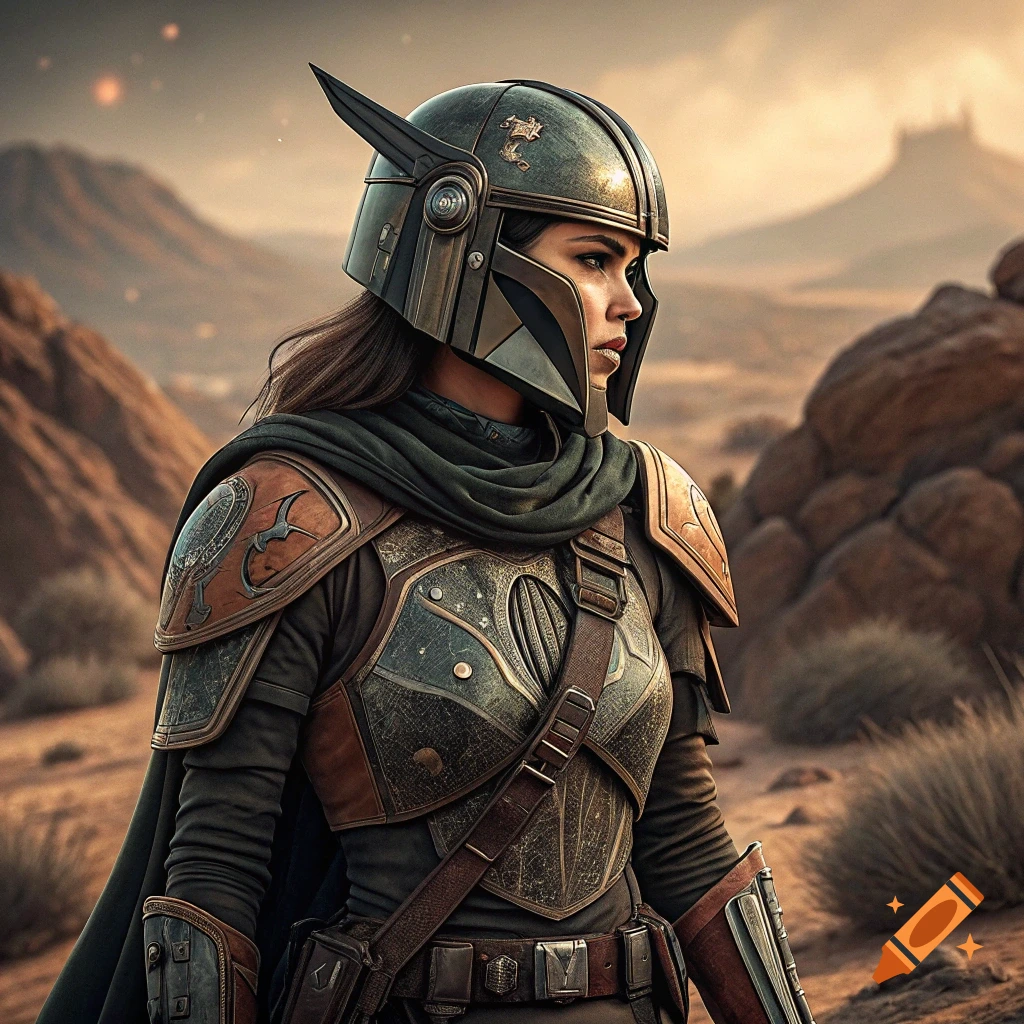 A woman in Mandalorian armor stands in a desert landscape at sunset.