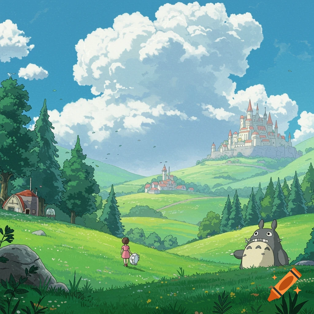 A whimsical Studio Ghibli style landscape with green hills, a village, a distant castle, and a girl with a Totoro-like creature.