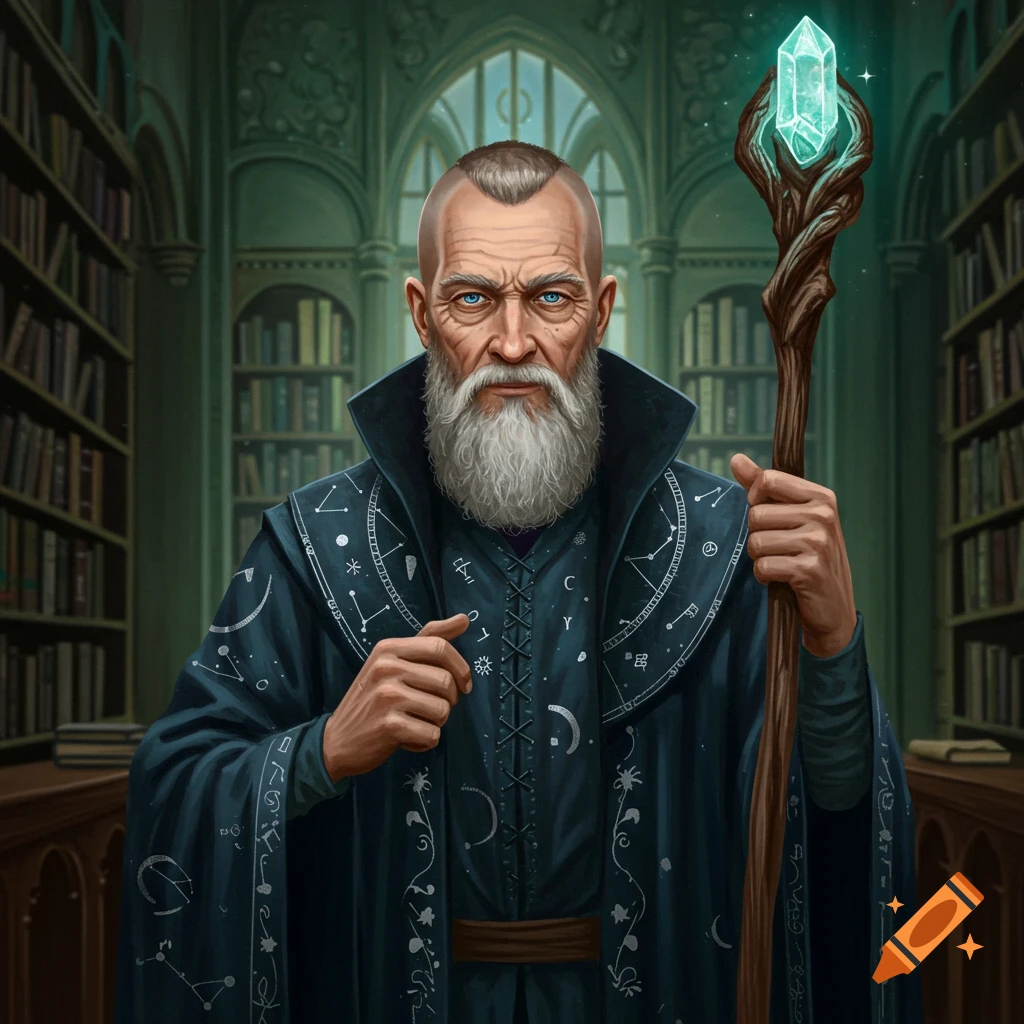 An old wizard with a crew cut, beard, celestial robe, and crystal staff is depicted in a library.