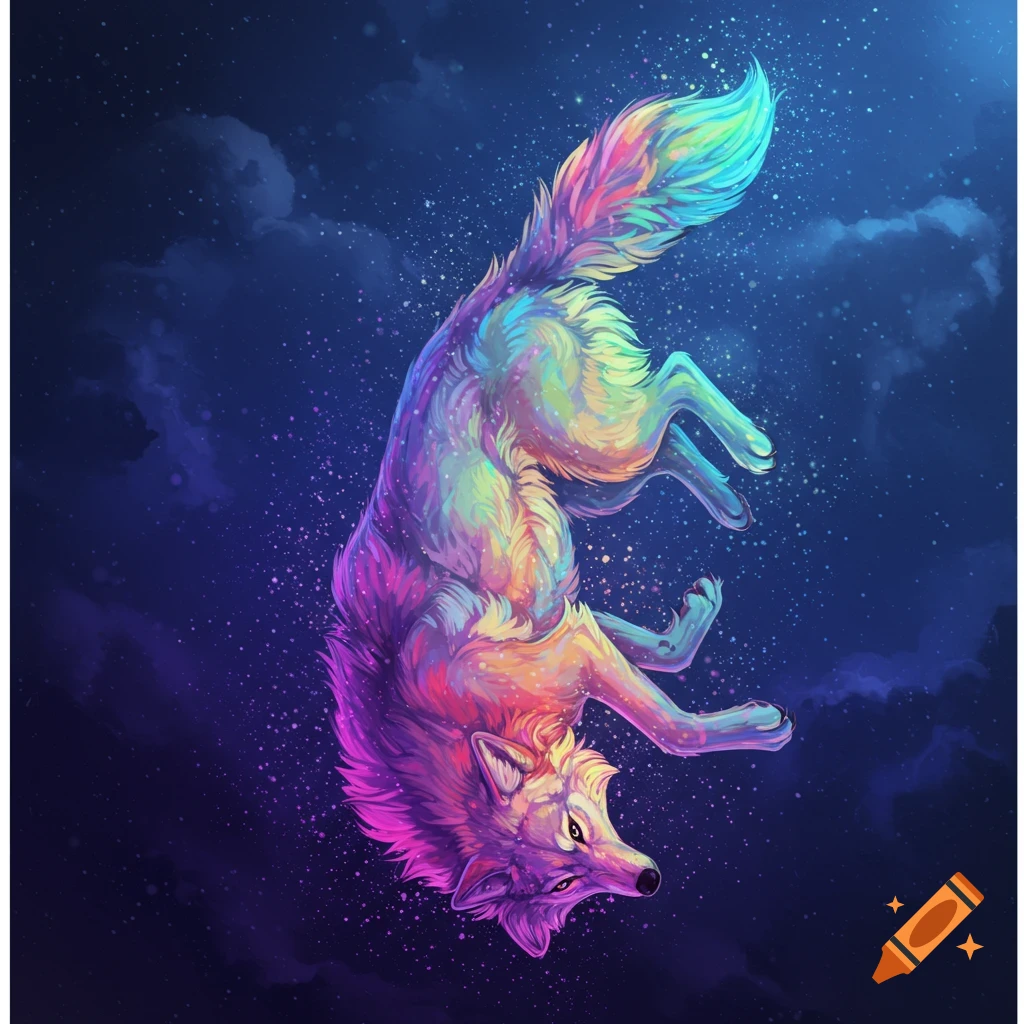 A wolf falling through a starry night sky, its fur glowing with rainbow colors.