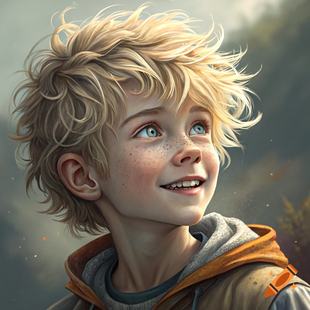 A close-up of a smiling young boy with messy blonde hair and blue eyes looking up.