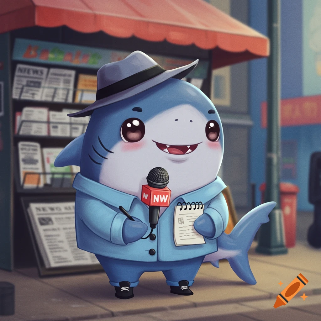 Cute cartoon shark dressed as a journalist, holding a microphone and notepad, standing near a newspaper stand.