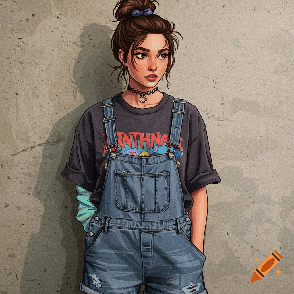 A girl in 90s fashion is leaning against a wall, wearing denim overalls and a graphic tee with a messy bun.