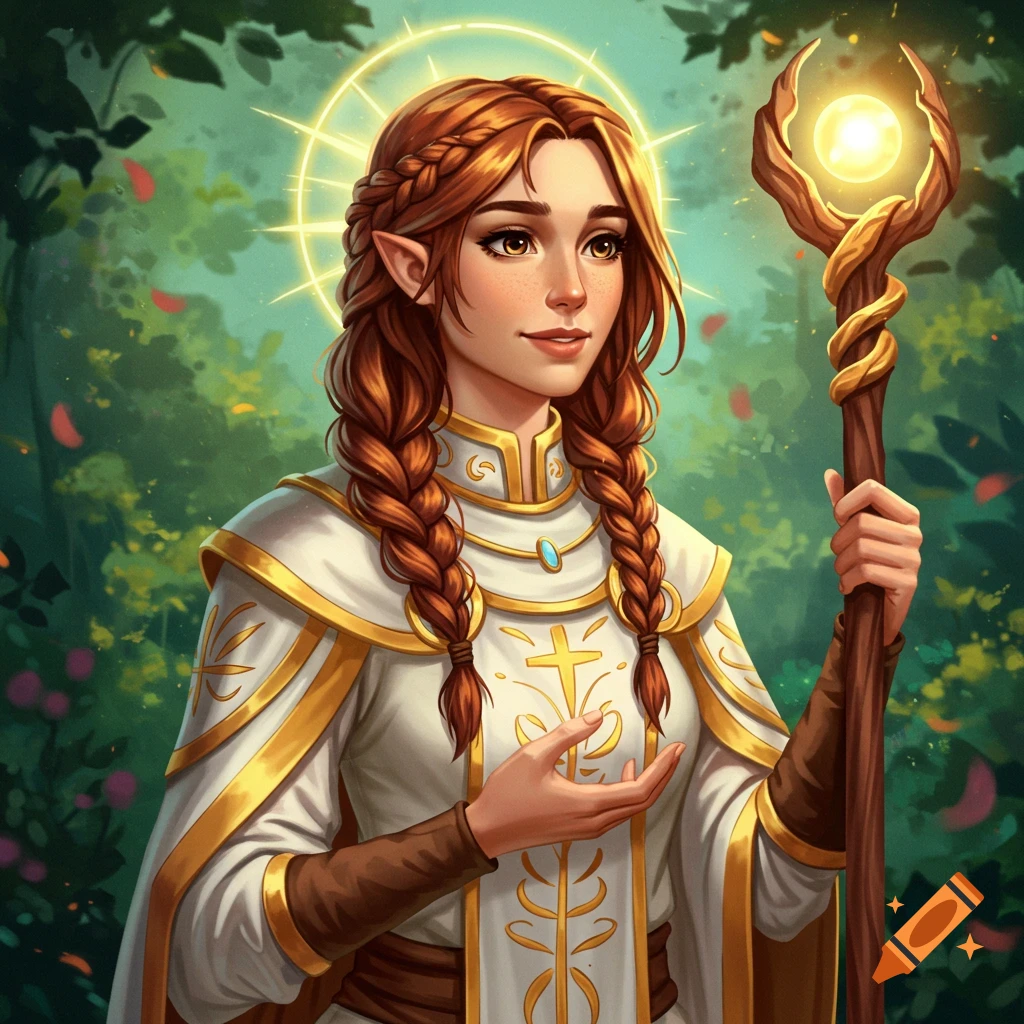 A red-haired female elf cleric with braids, wearing white and gold robes, holding a glowing staff in a forest.
