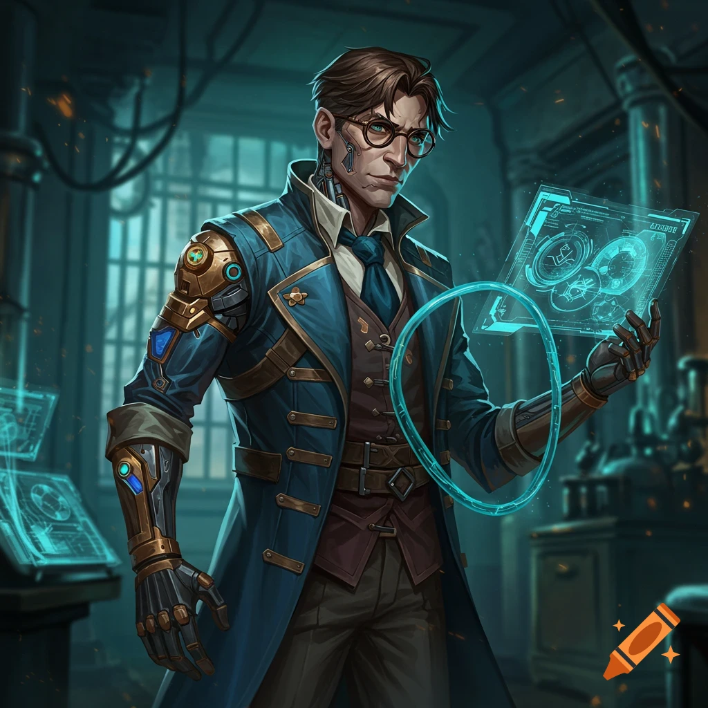 A man in steampunk attire holding a holographic screen, resembling Arcane's Viktor.