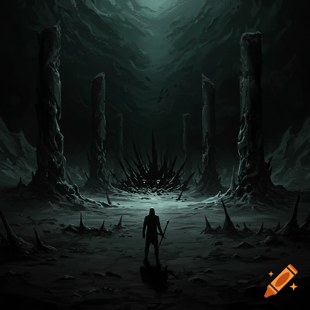 A figure faces a spiky monster and ominous pillars in a dark, desolate landscape.