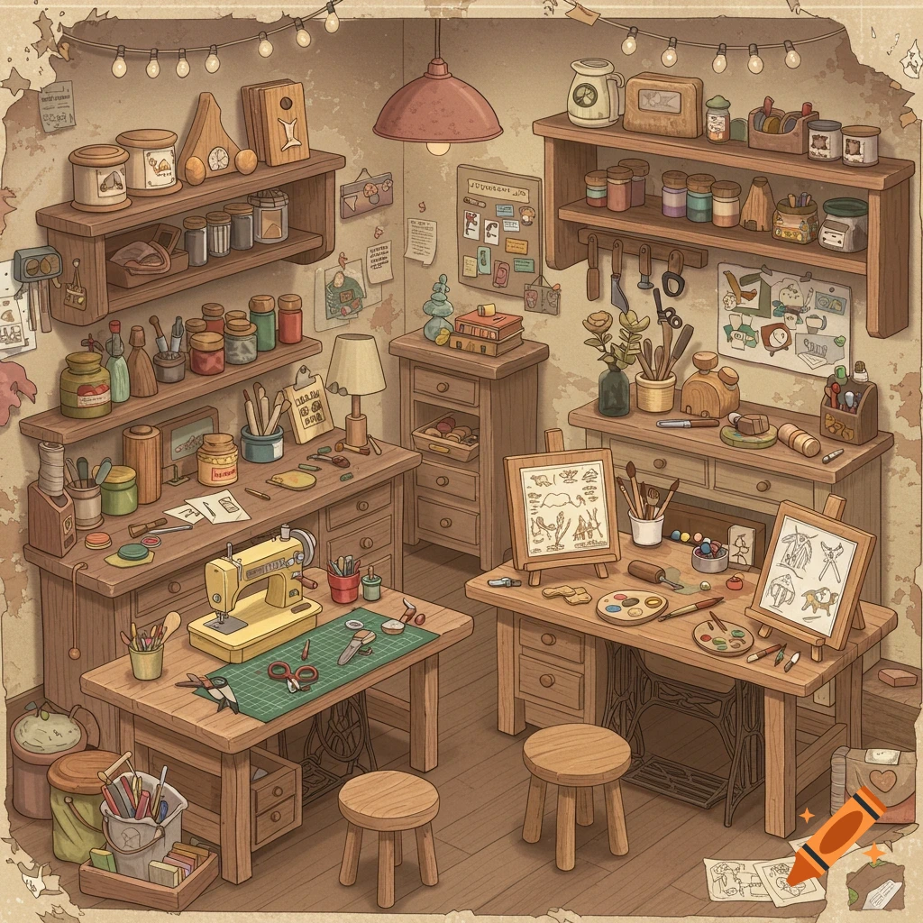 A detailed, whimsical crafting workshop with areas for sewing, painting, and woodcraft, featuring a cluttered but organized layout.