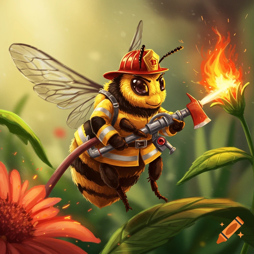 A cute bee in a firefighter uniform using a hose and ax to put out a fire on a flower.