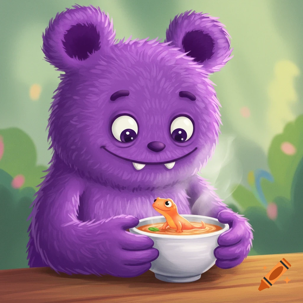 A purple monster holding a bowl of soup with a salamander.