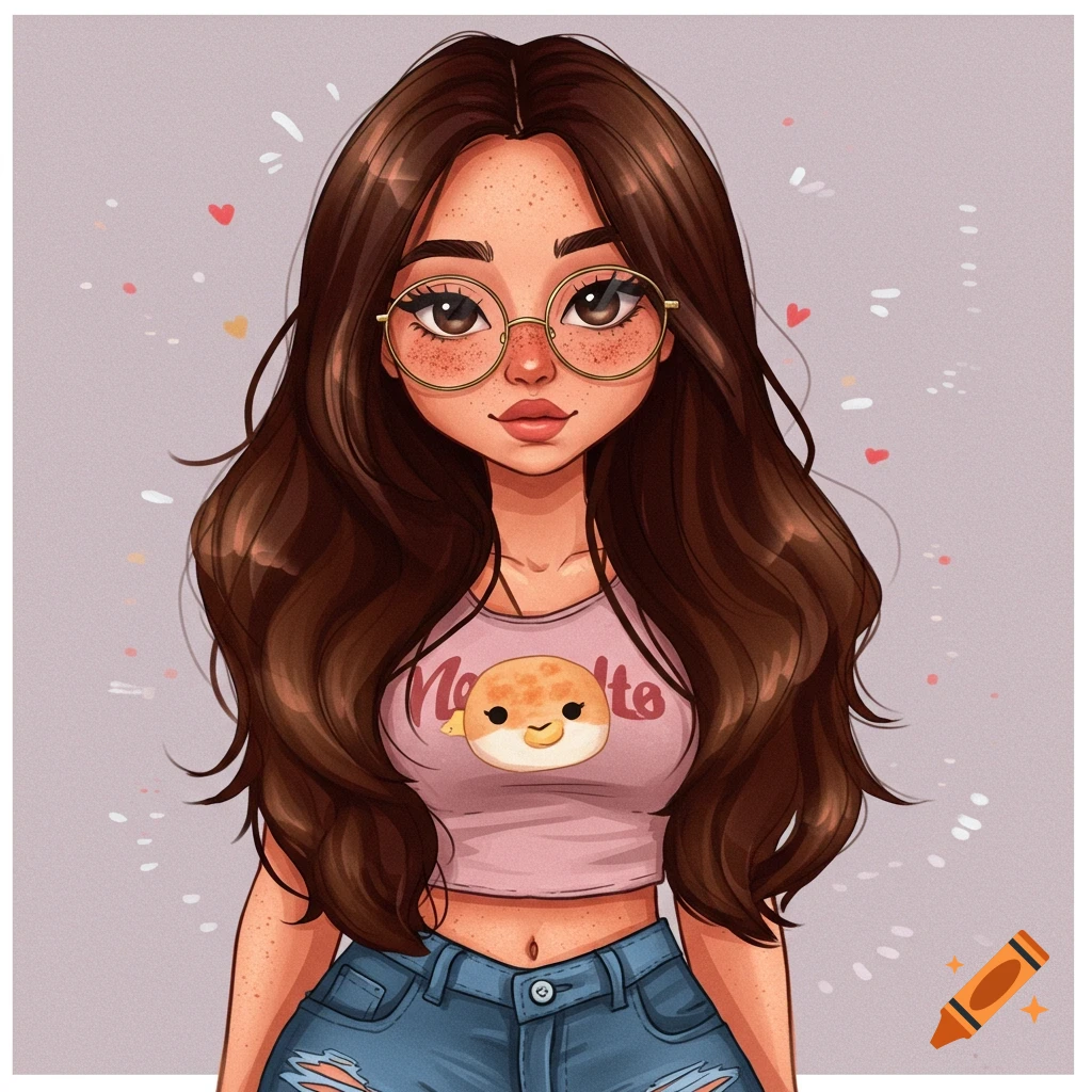 A girl wears glasses and a crop top with a fish graphic. She also has freckles and ripped jeans.