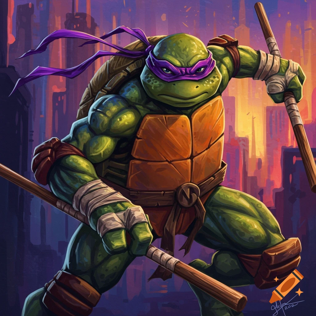 Donatello from Teenage Mutant Ninja Turtles in a dynamic pose with bo staffs against a city background in a vibrant, stylized art style.