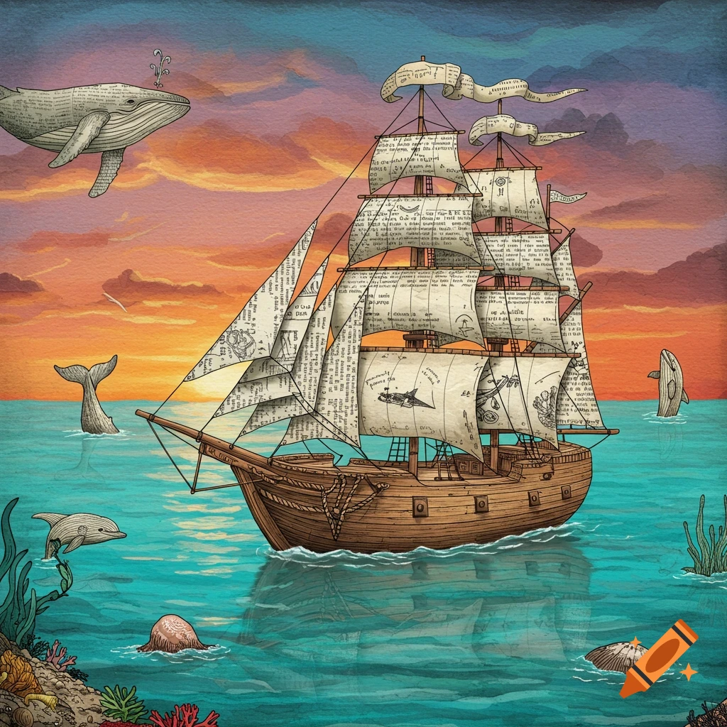 An illustrated sailing ship with sails made of text navigates a stylized sea with a whale, dolphin, and other marine life at sunset.