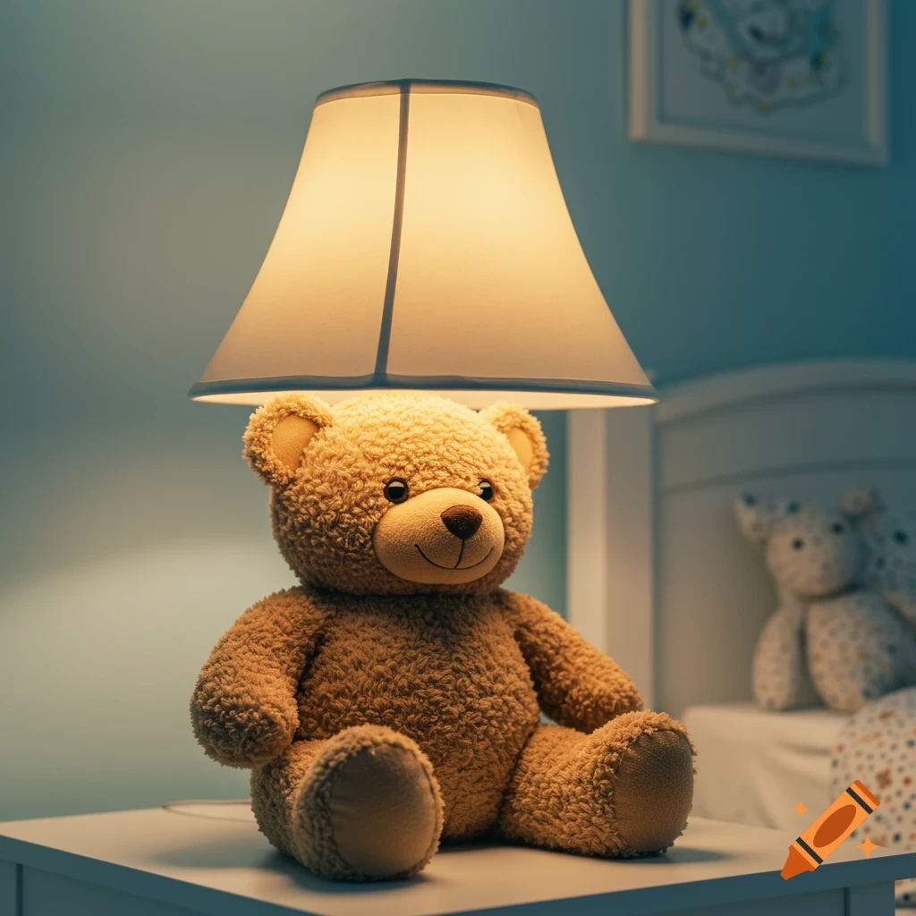A teddy bear sits on a table with a lamp shade covering its head in a bedroom.