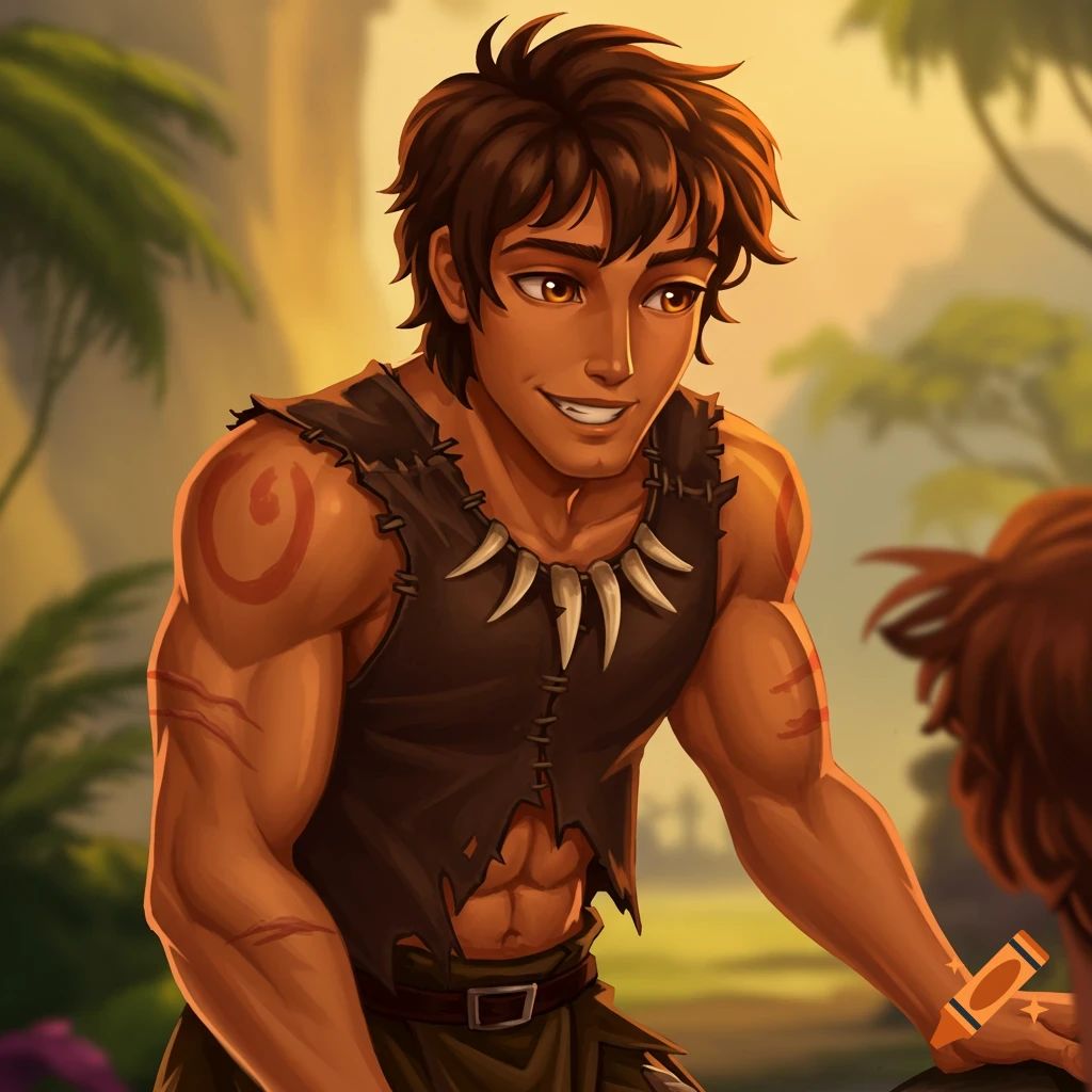 Muscular man with tribal markings and a tooth necklace in a jungle.
