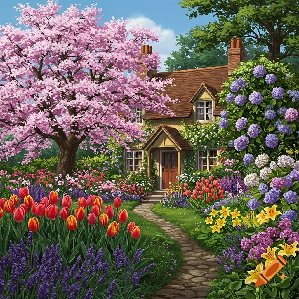A cottage with a vibrant garden of flowers and a pink blossom tree.