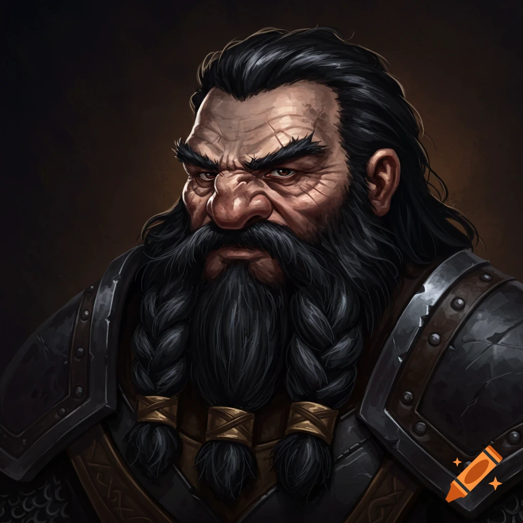 Portrait of a scowling dwarf with braided black hair and beard, wearing armor.