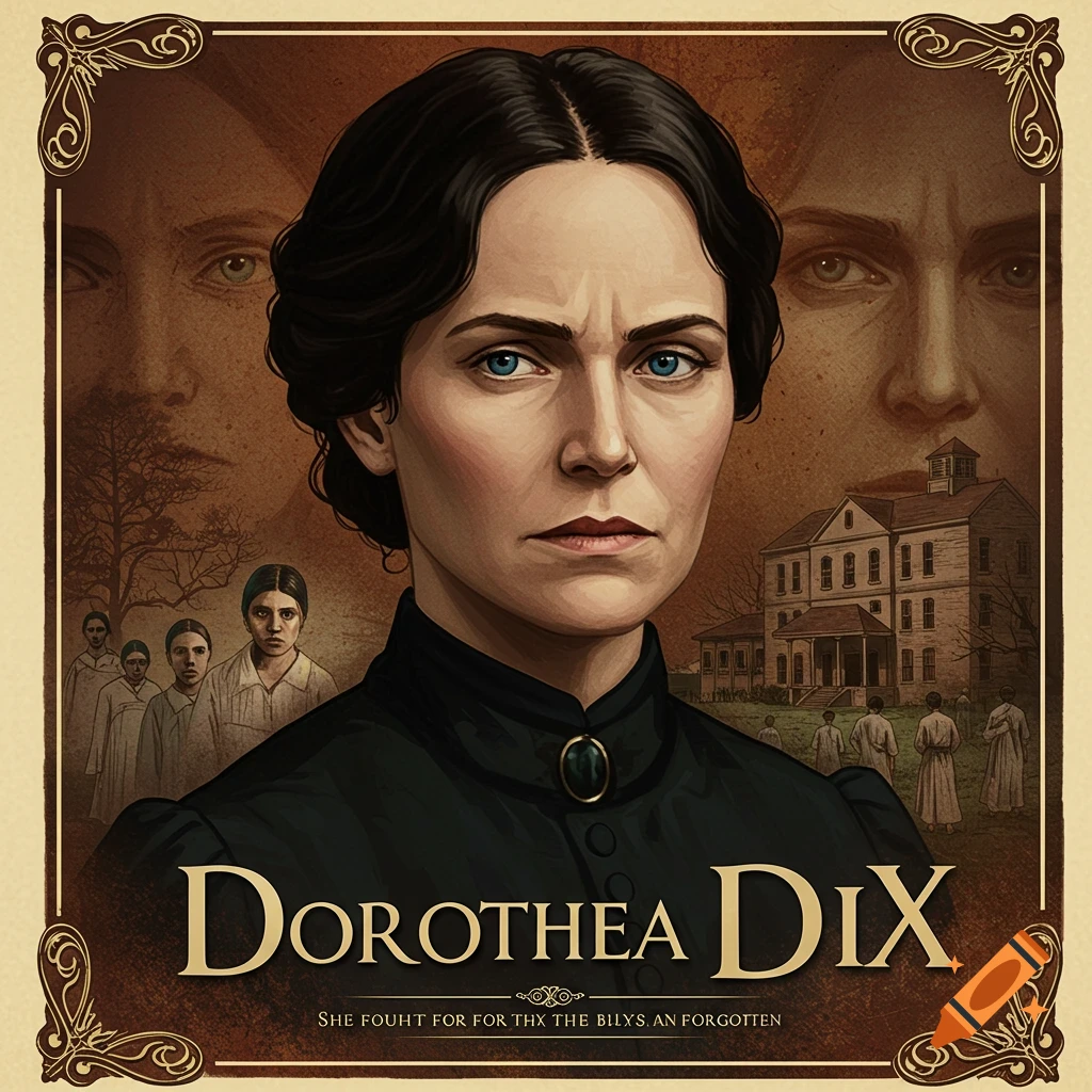 Movie poster featuring a portrait of Dorothea Dix, with background figures and a building.