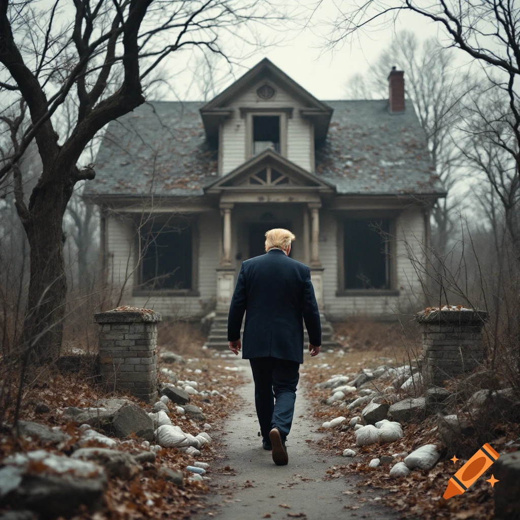 A person resembling Donald Trump walks away towards a dilapidated house in a desolate, overgrown setting.
