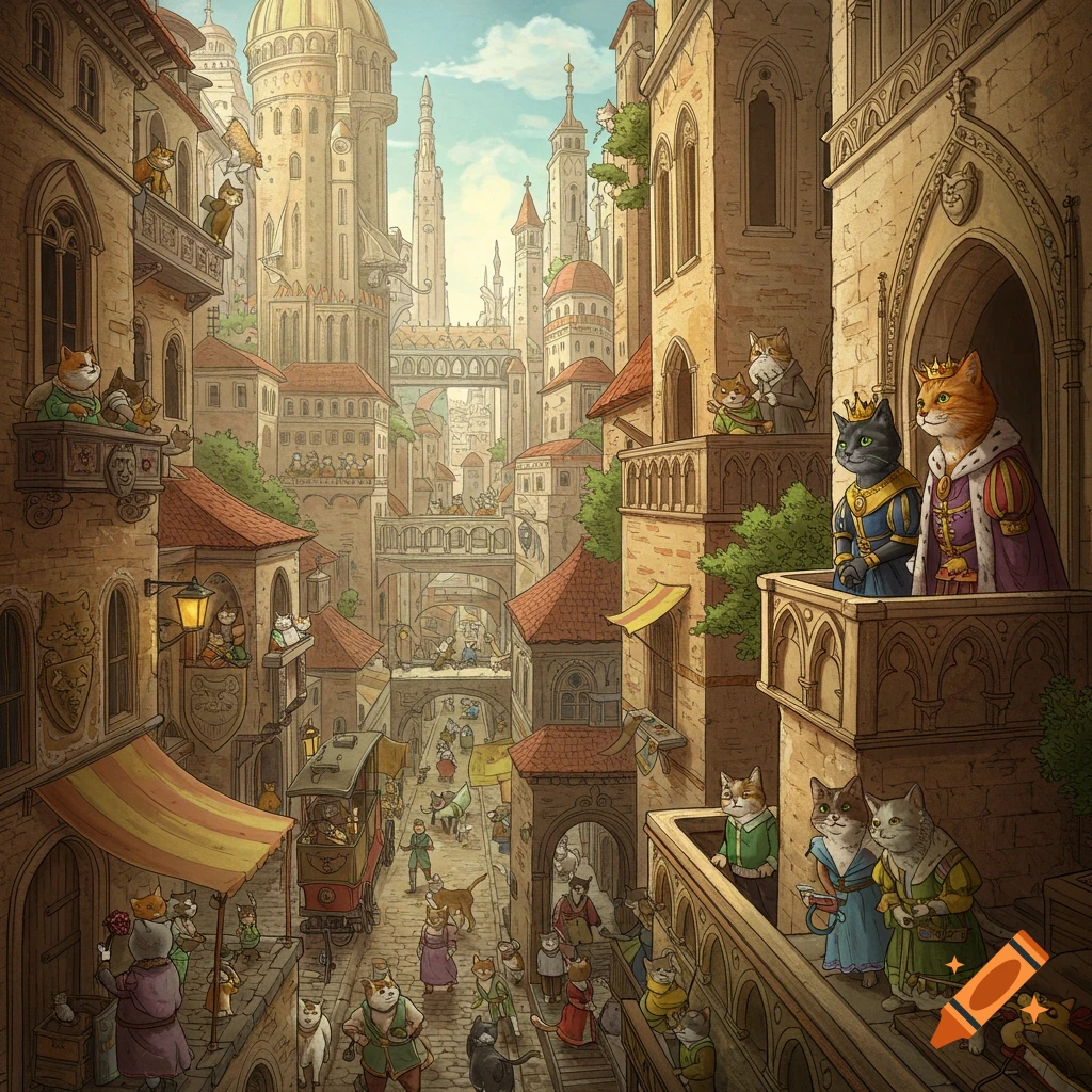 An illustration of a bustling medieval city street populated by anthropomorphic cats, including a cat king and queen.