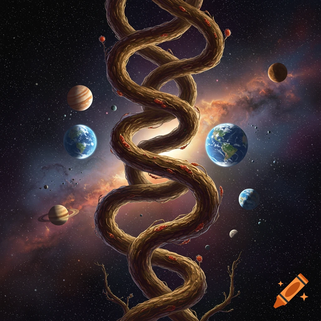 A giant vine twisting through space with planets of the solar system.