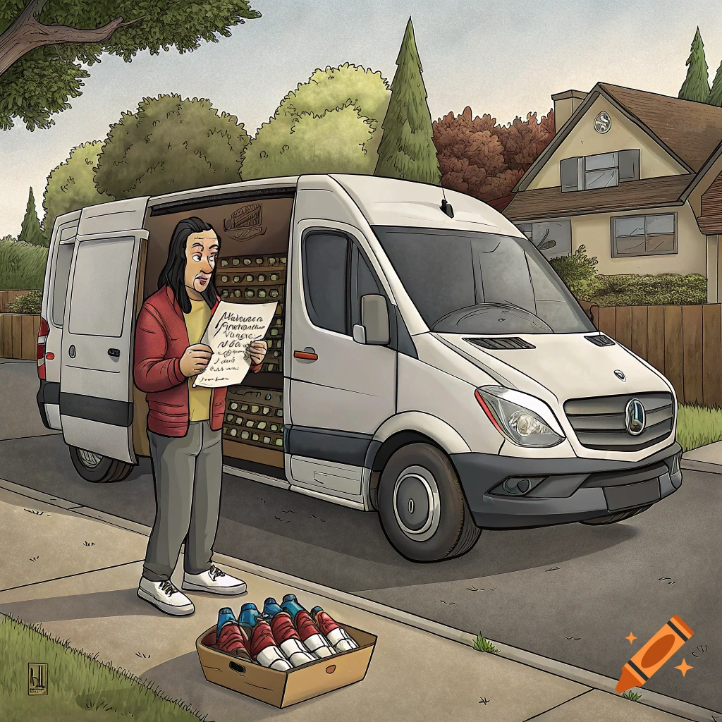 Cartoon of character resembling Lord Farquaad standing next to a van, holding a list, with bowling shoes in a crate.