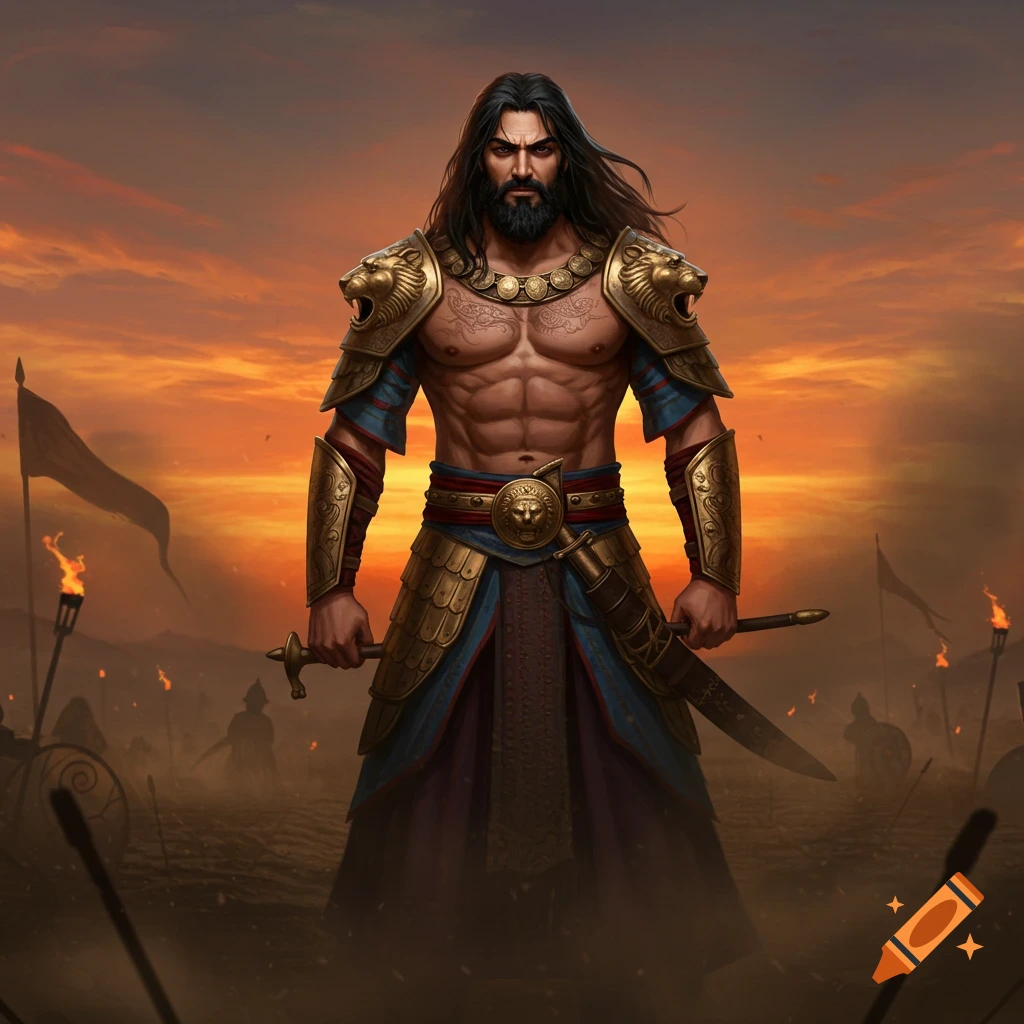 A powerful warrior in armor holding swords stands on a battlefield at dusk.