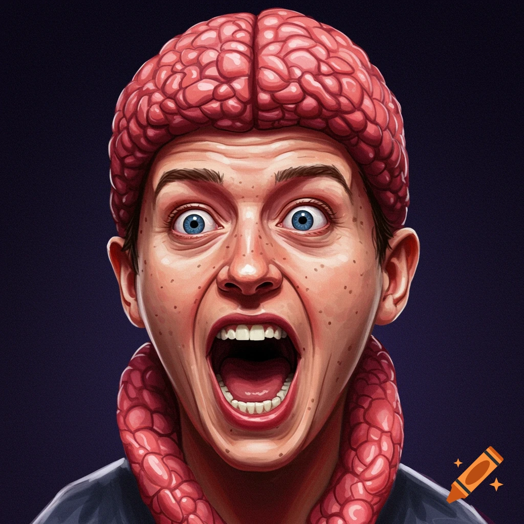 A person is screaming, wearing brain-like material on their head and around their neck.