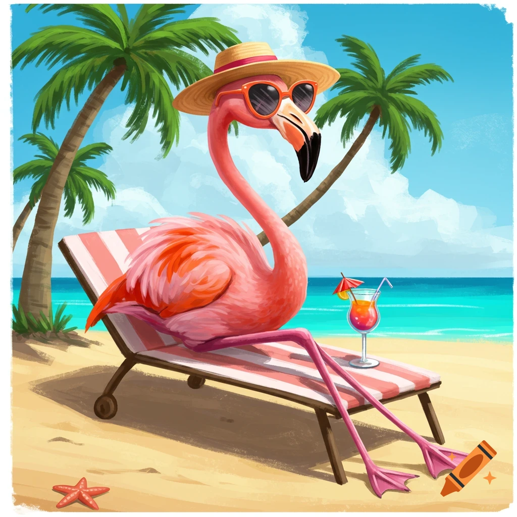 A pink flamingo wearing a hat and sunglasses sits on a beach chair with a cocktail.