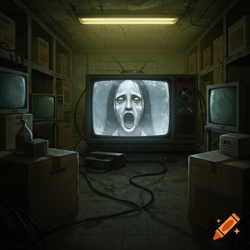 Scary face on a TV screen in a dark, cluttered storage room, digital art.