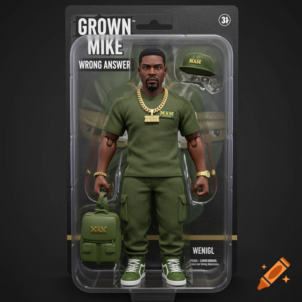 Action figure in blister packaging, wearing a green outfit and gold jewelry, holding a backpack.