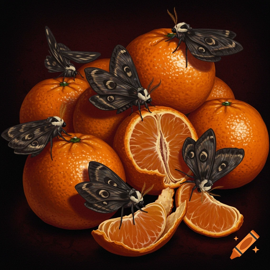 A gothic image of moths with patterned wings gathered on a pile of oranges, with dramatic lighting.