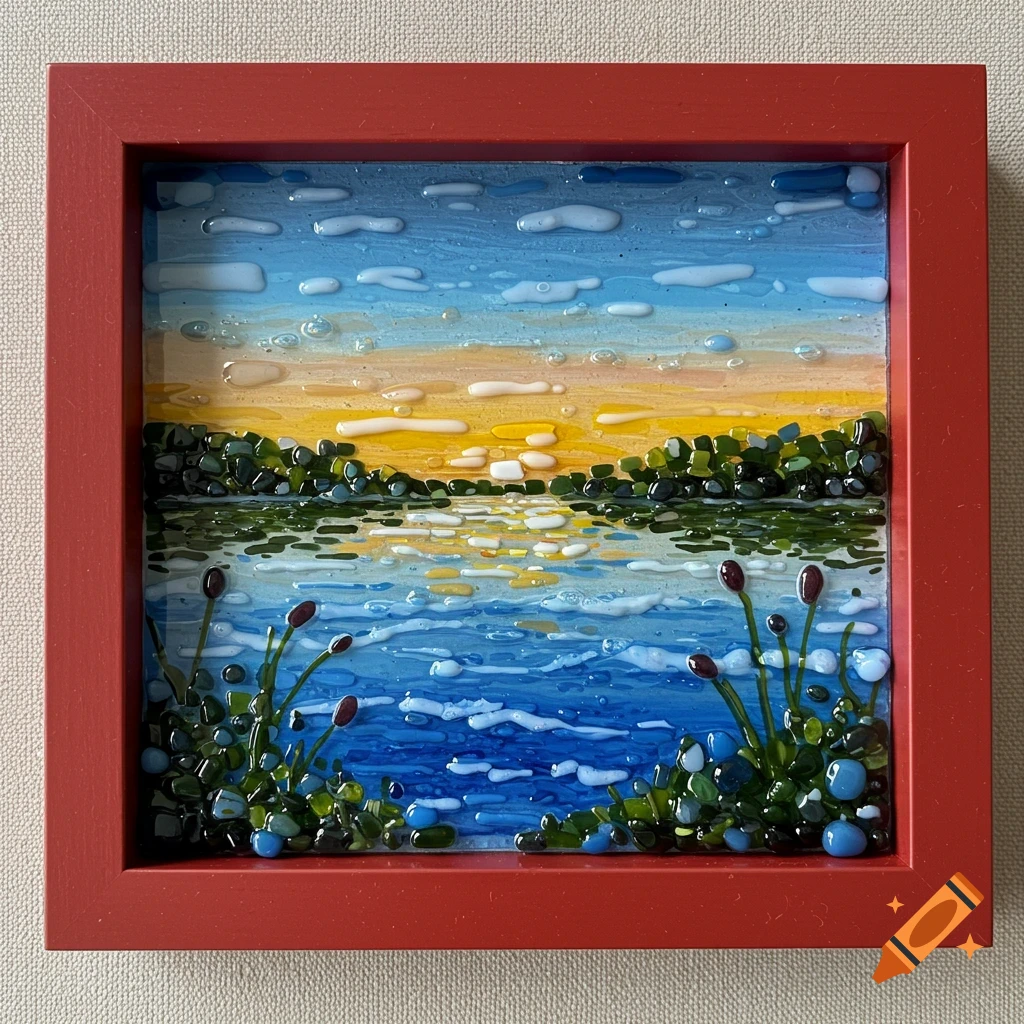 Fused glass painting of a lake at sunset in a red frame.