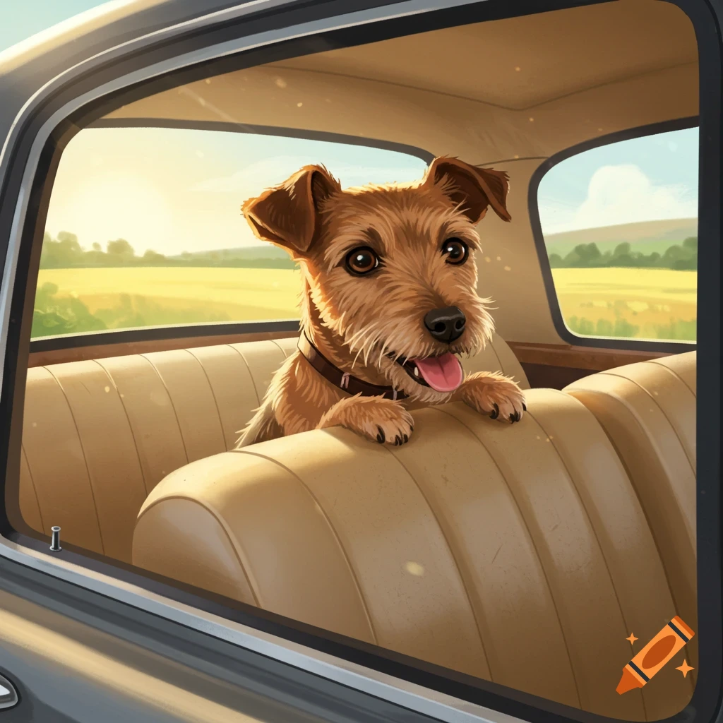 A brown terrier in a car
