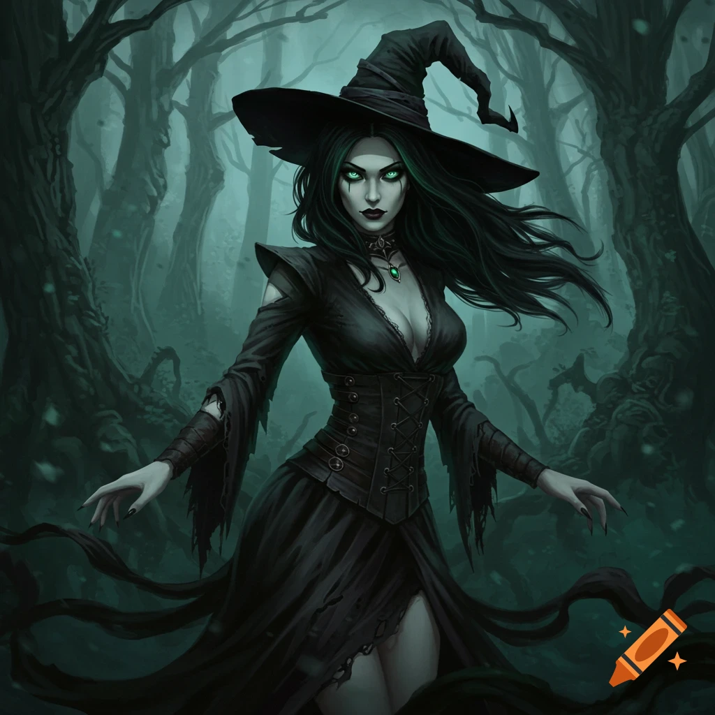 A gothic witch with green eyes and a pointed black hat stands in a dark, spooky forest.