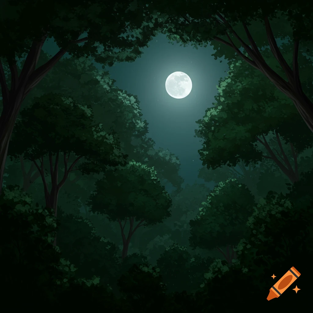 A dense green forest at night with a bright full moon visible through the canopy.