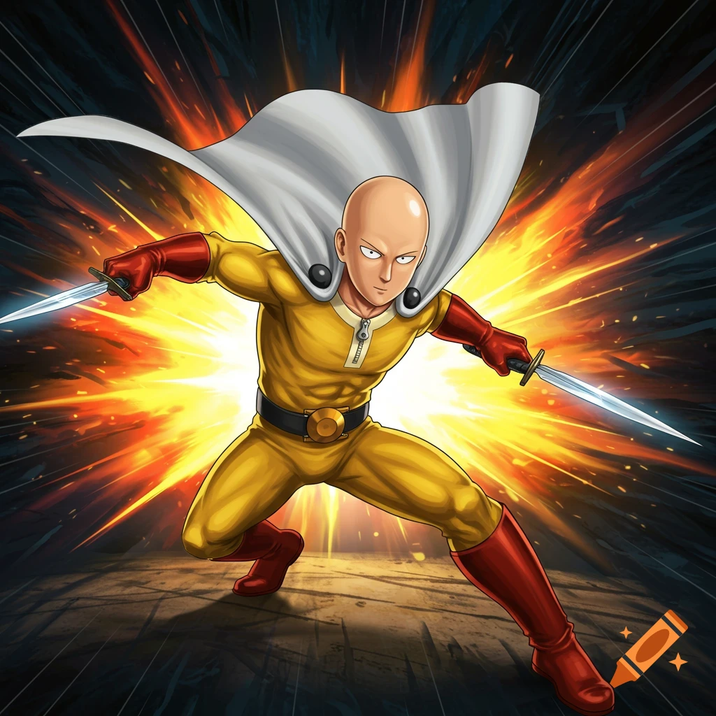 One Punch Man dual-wielding daggers in an action pose with an explosive background.