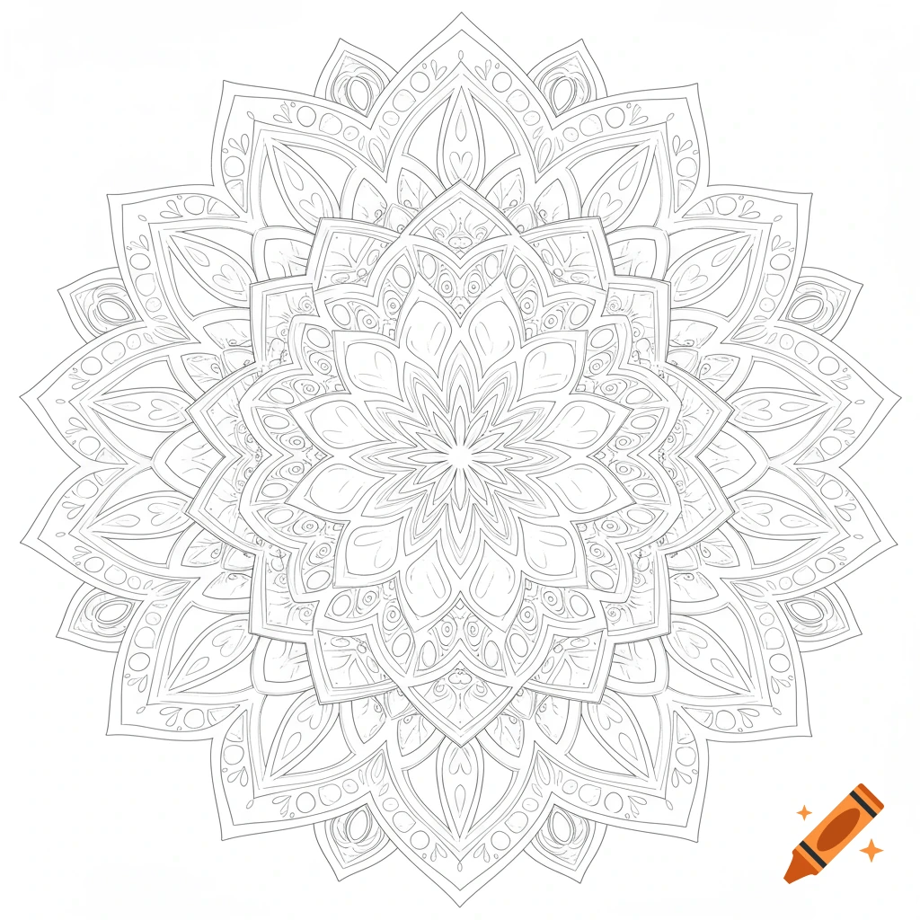 Black and white line drawing of a symmetrical mandala pattern.