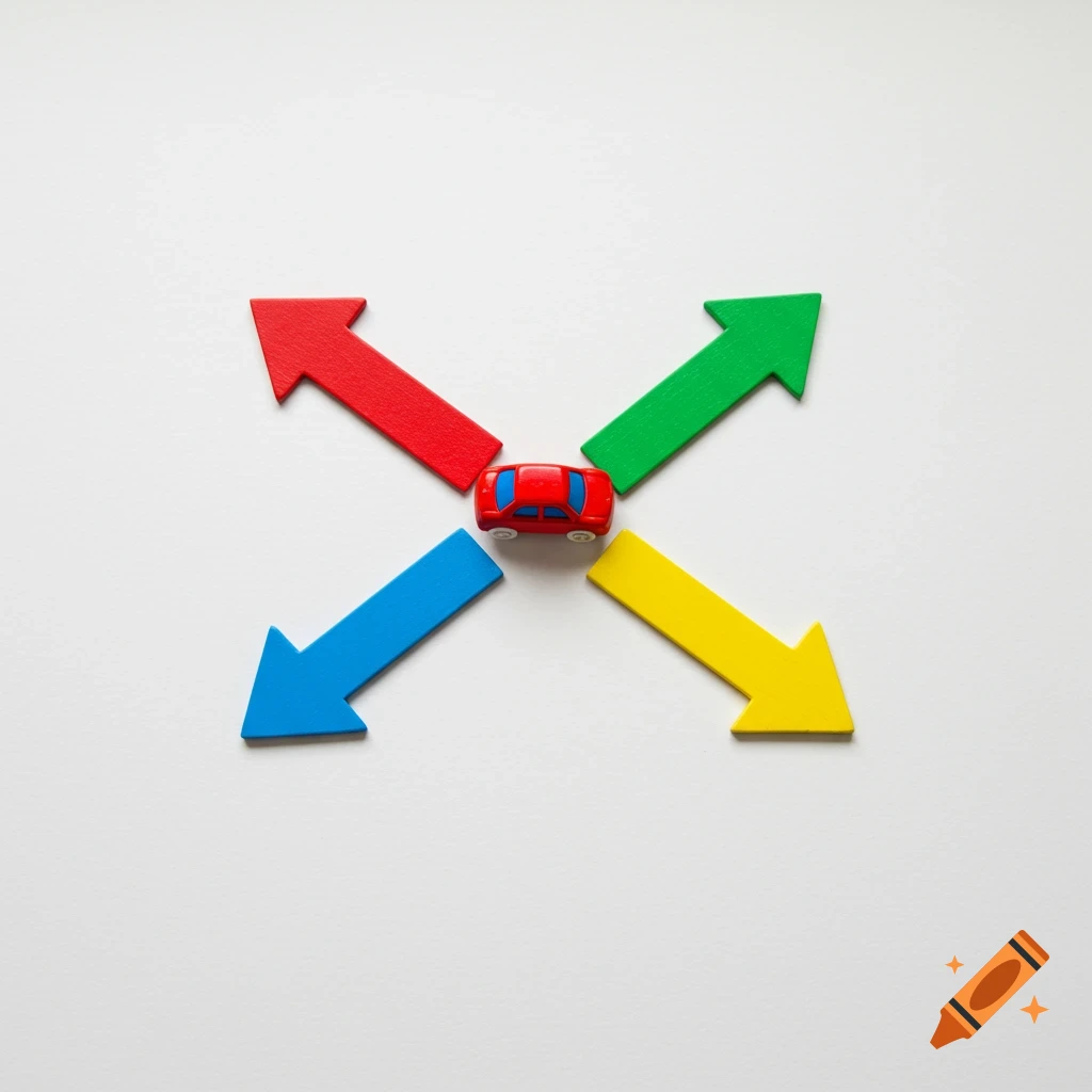 A red toy car is in the center of a red, green, blue, and yellow arrow pointing outward on a white background.