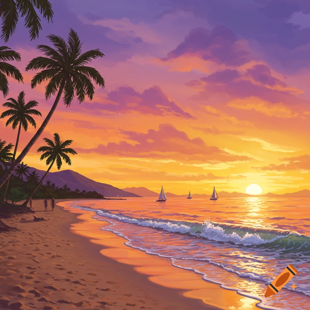 A beach at sunset with palm trees, waves, and sailboats on the water.