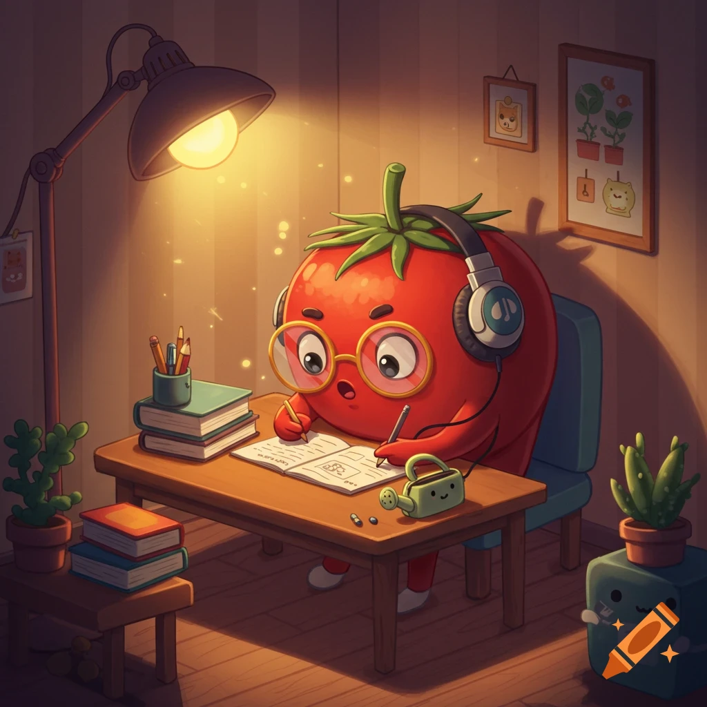 Cartoon tomato with headphones and glasses studying at a desk under a lamp.