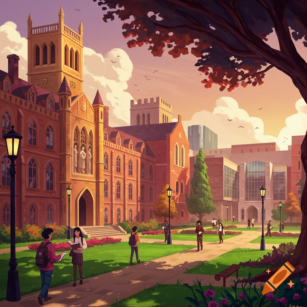 A university campus with students walking.