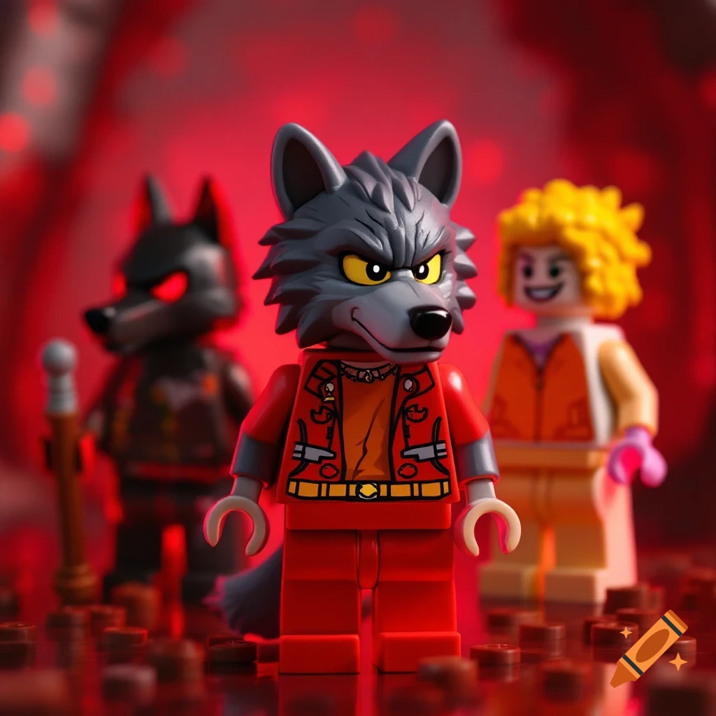 Lego minifigure of a wolf character in a red jacket standing with two other figures in the background on a red surface.