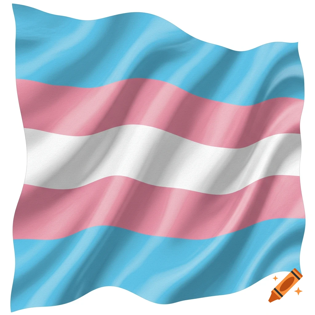 A waving transgender flag with light blue, pink, and white stripes.