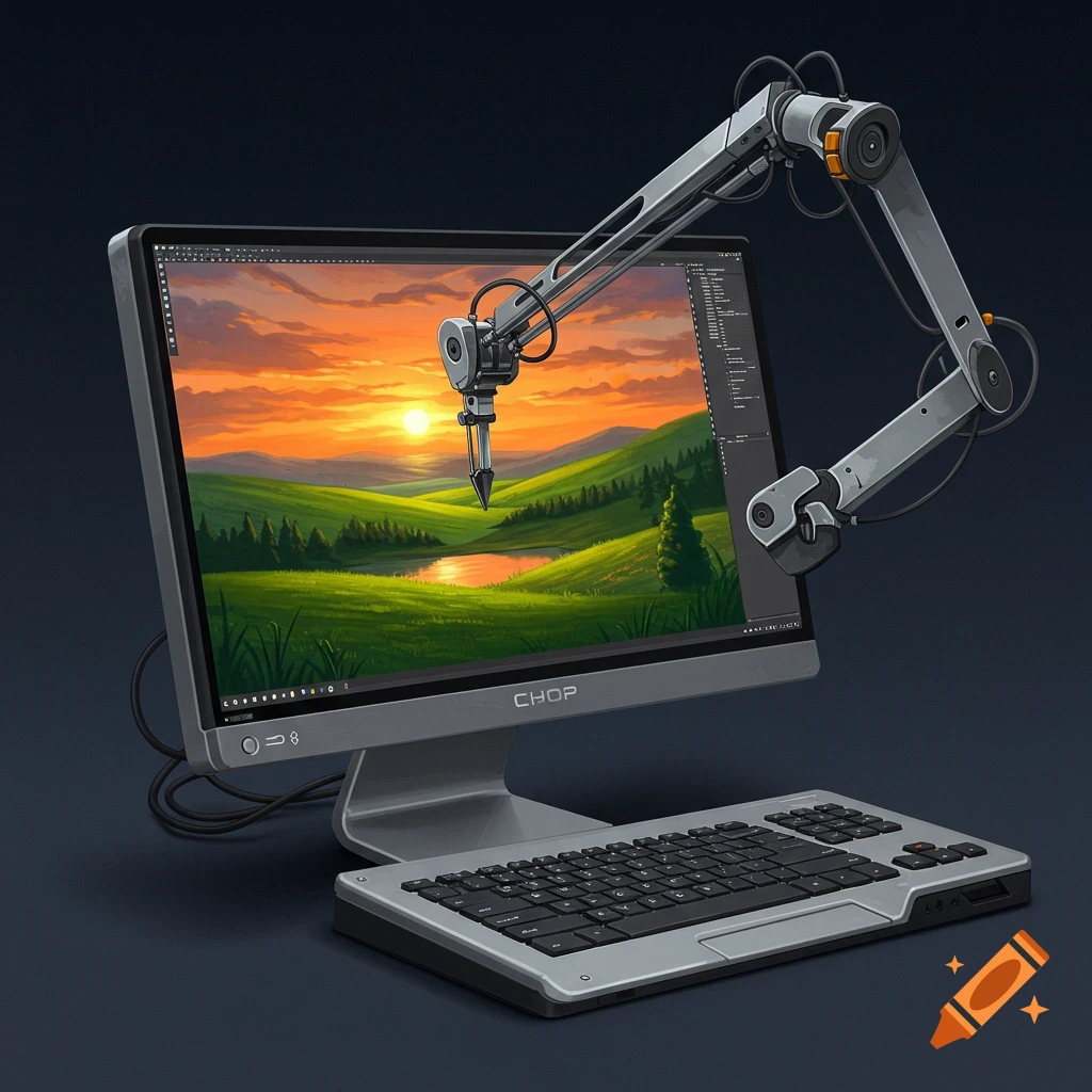 A robotic arm extends from a computer screen to draw a landscape.