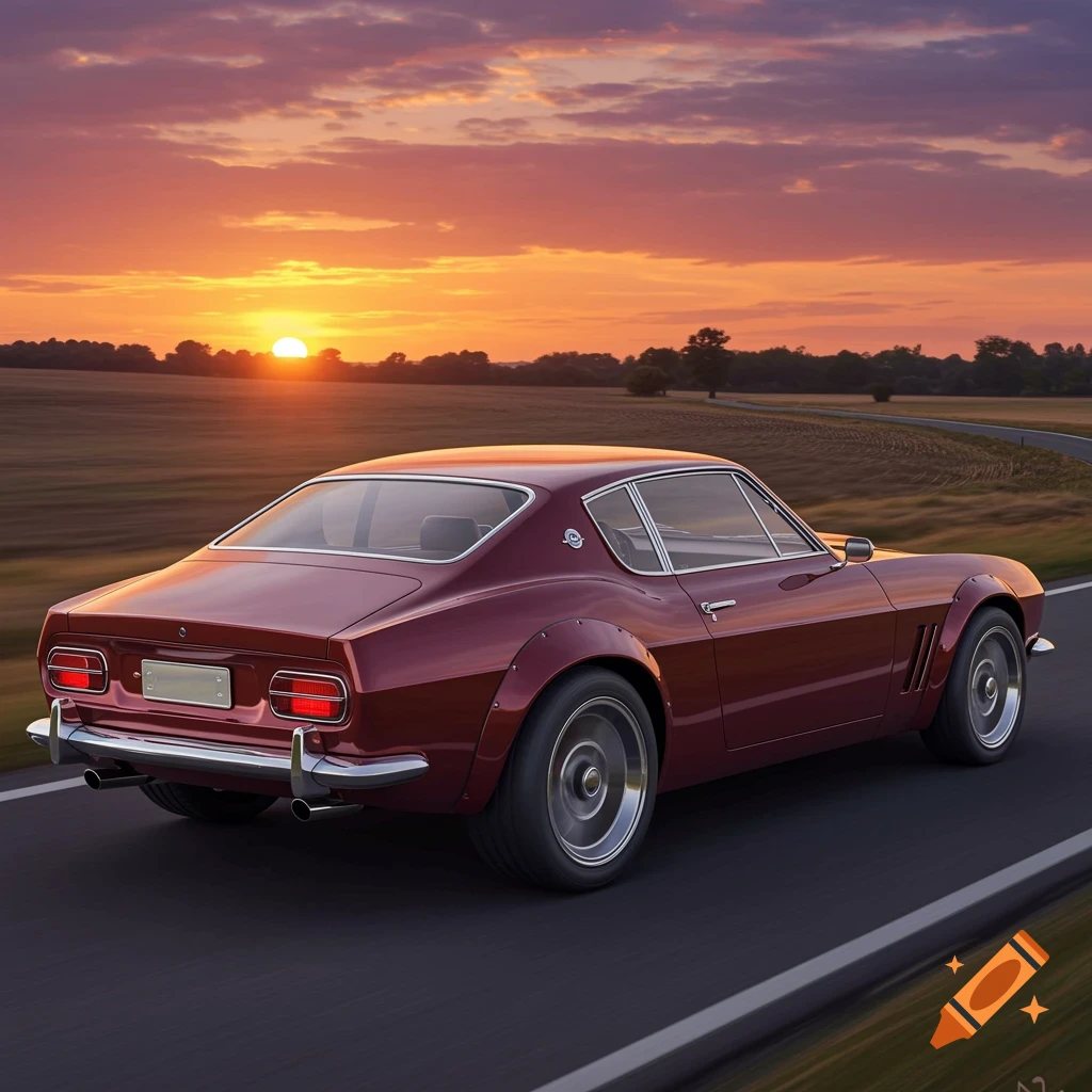 A deep burgundy classic car drives on a country road during a vibrant sunset, detailed in a photorealistic style.