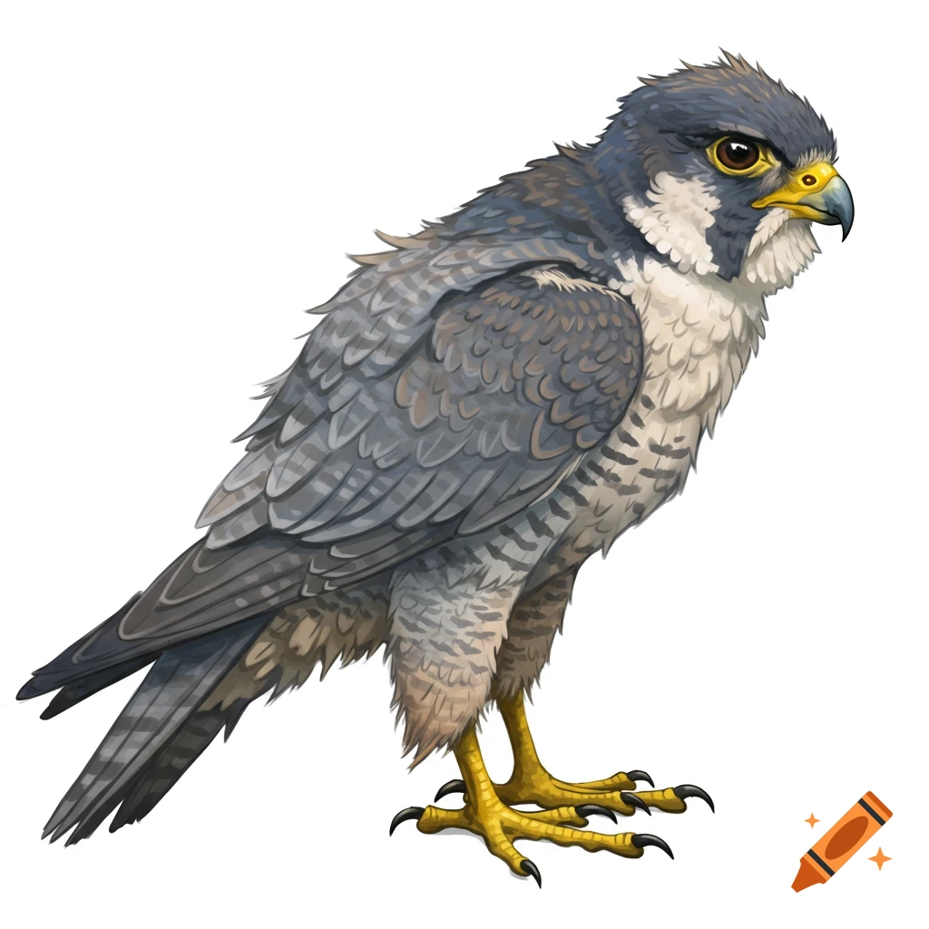 A peregrine falcon stands on a white background.