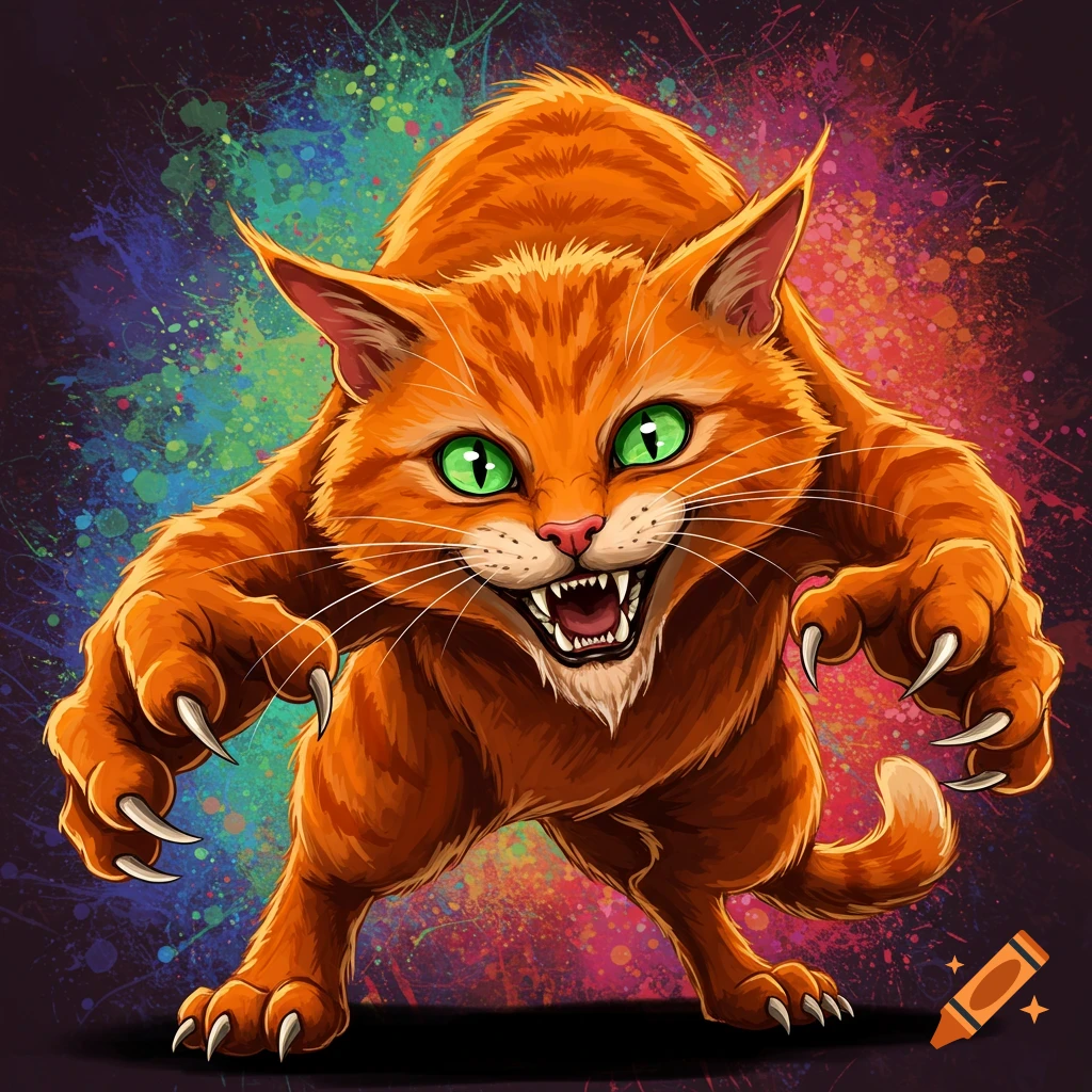 An aggressive orange cat with sharp claws against a colorful splash background.