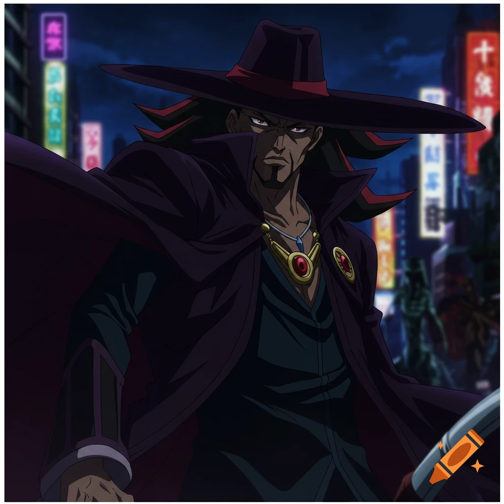 Anime man in hat and cape standing in a city at night.