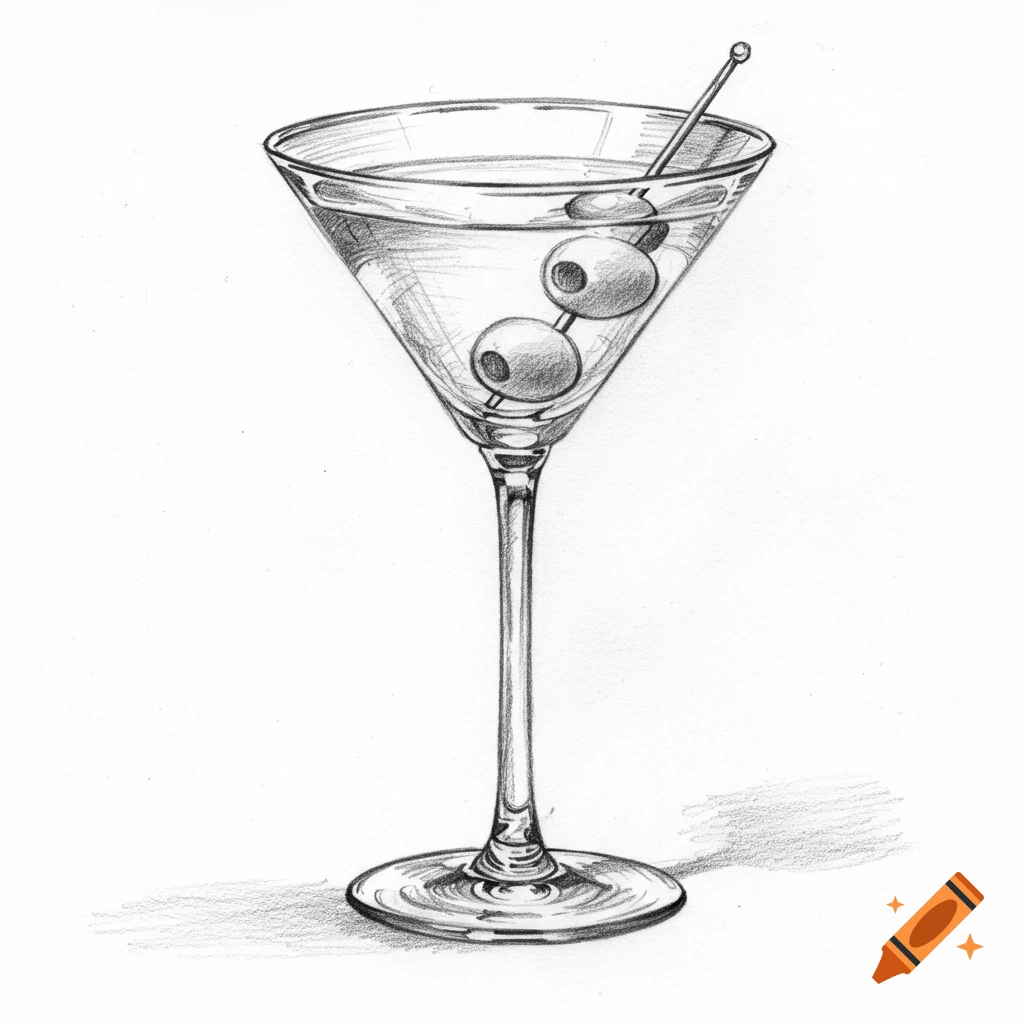 A pencil sketch of a martini with olives.